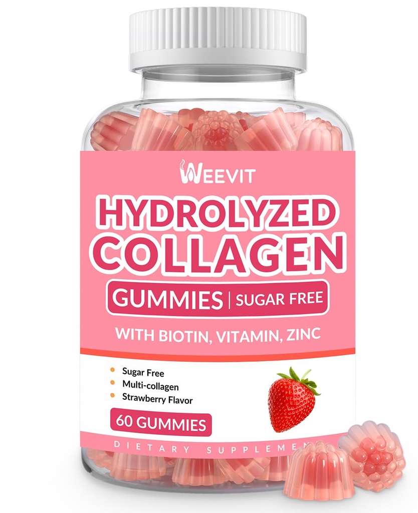 Collageen Gummies for Women, Hydrolyzed Collageen Peptides Gummies with Biotin, Collageen Supplementen Gummy met vitamine B12, C, D, Zink voor haarhuid Nagel