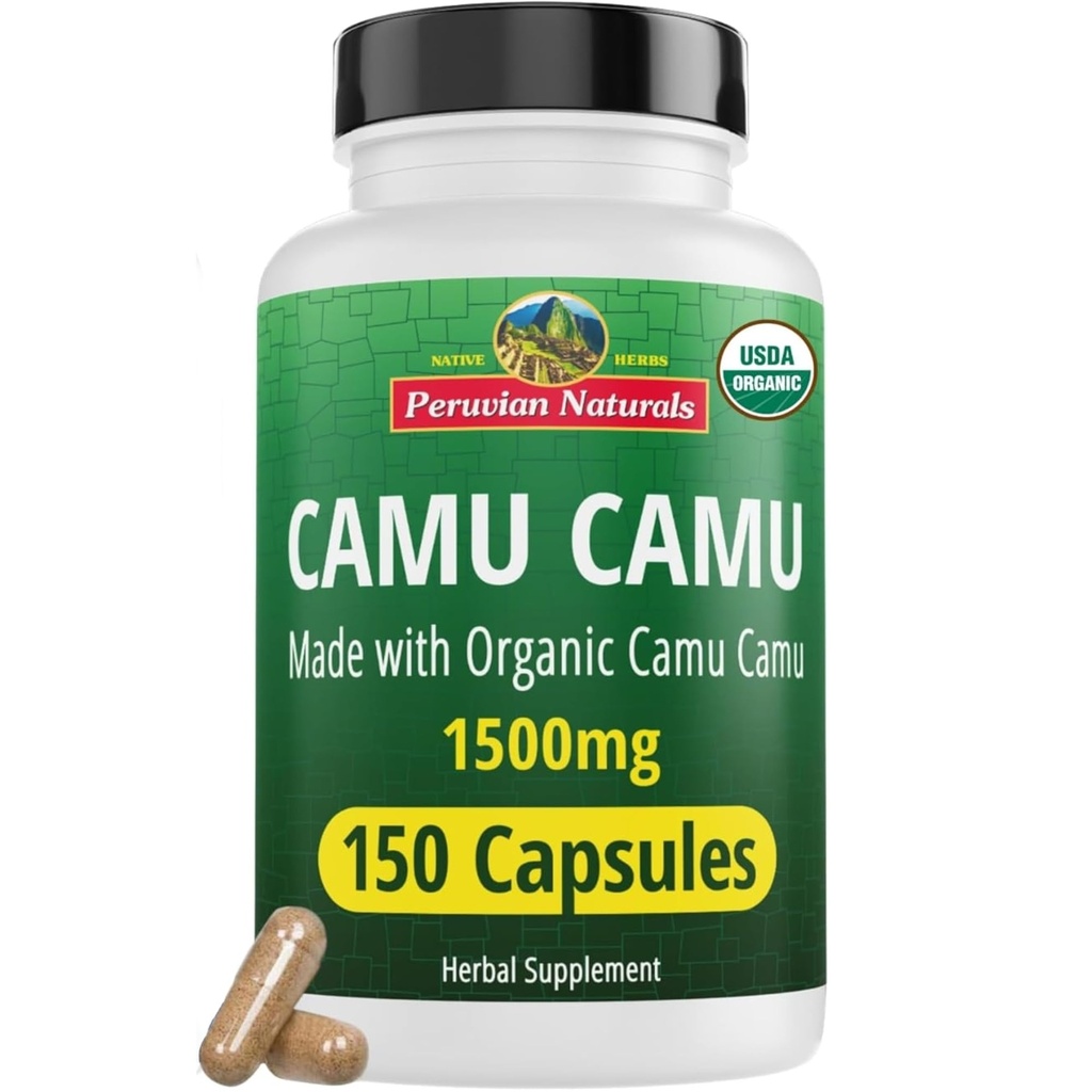 Peruaanse Naturals Biologische Vitamine C van Camu Camu Capsules 1.500mg - 150 Vegan Pillen, Natuurlijke Vitamine C van Whole Food Camu Berry Biologische, Non-GMO
