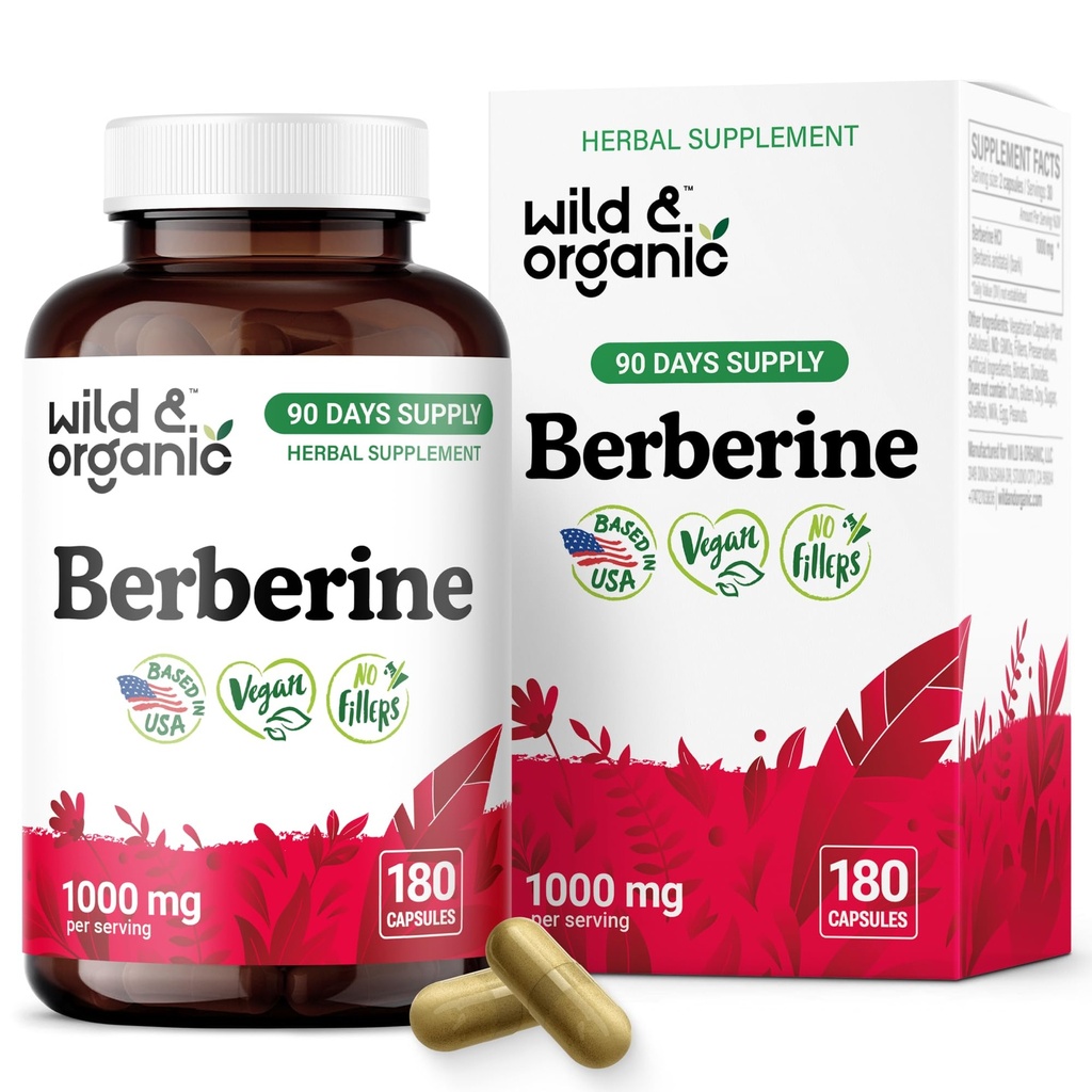 Wild & Organic Berberine Supplement Capsules 1000 mg - Antioxidant & Overall Support - Pure Berberine HCL Powder - 90 Days of Supply - Berberis Aristata Bark - Vegan, No Fillers, Non-GMO - 180 Count