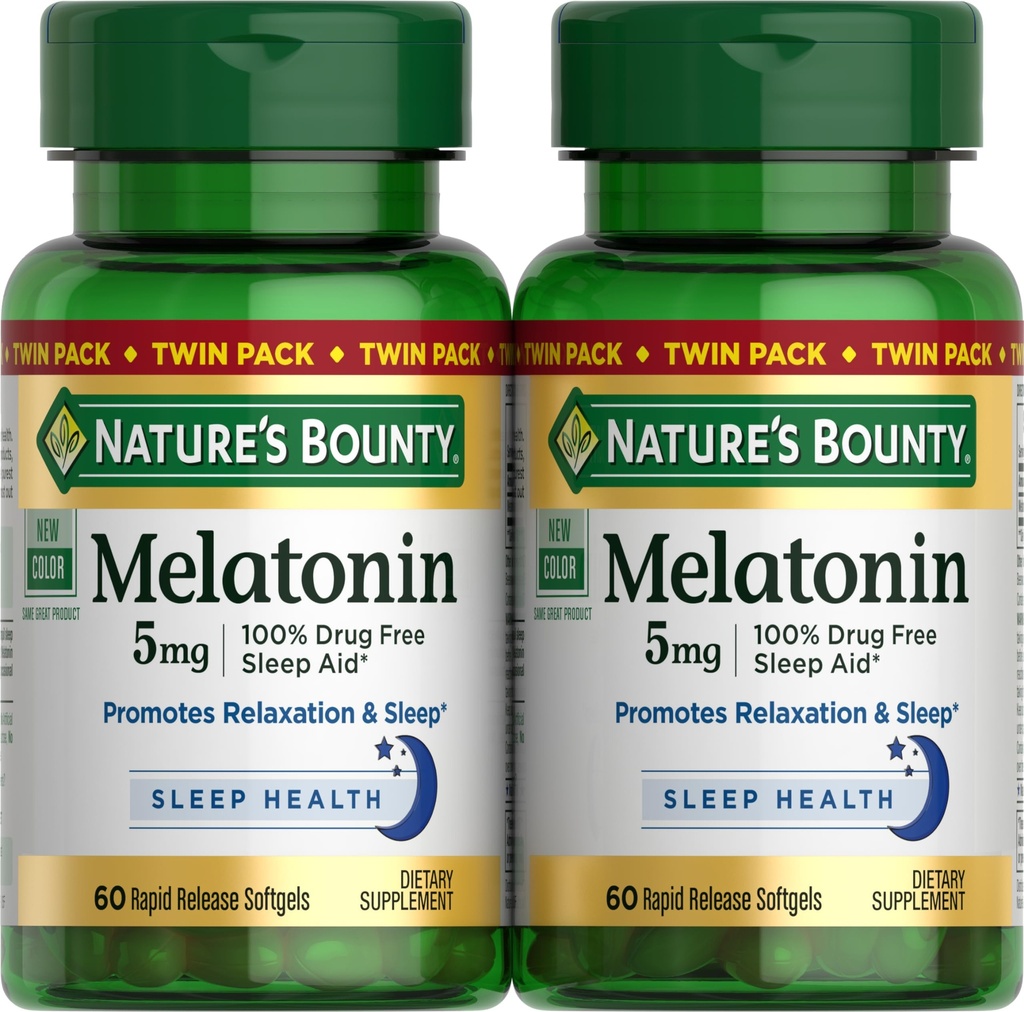 Nature's Bounty Melatonin 5mg, 100% sans médicament aide au sommeil, supplément alimentaire pour la relaxation et la santé du sommeil - 4 mois d'approvisionnement, 60 softgels à libération rapide Twin Pack (120ct)