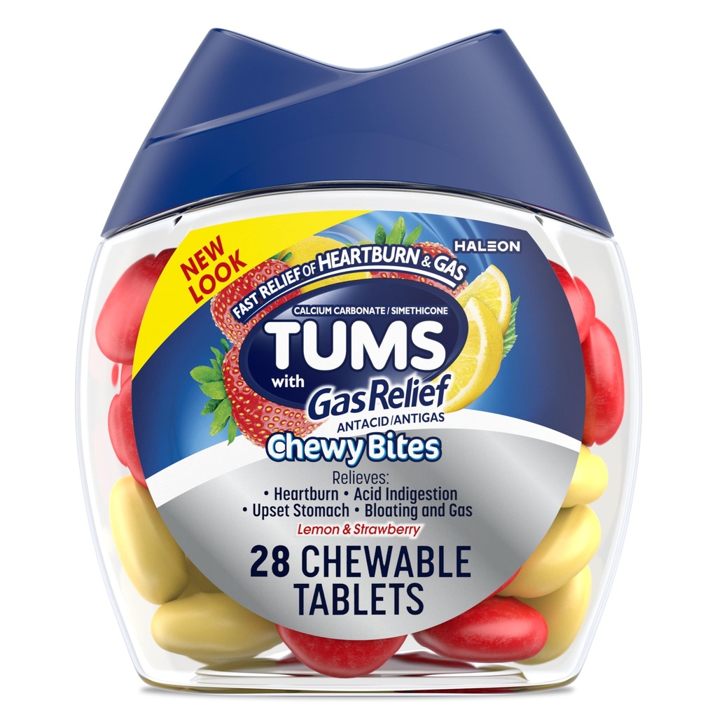 TUMS Chewy Bites Kauwbare Antacida tabletten met gasrelief, Citroen & Aardbei - 28 Tel.