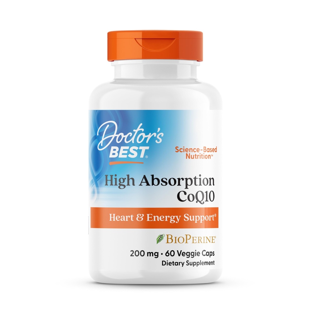 Doctor's Best High Absorptie CoQ10 200mg with BioPerine Supplement - Co-enzym Q10 Caps for Heart Health & Antioxidant Support, CoQ10 200 mg for Women & Men, Non GMO - 60 Veg Capsules