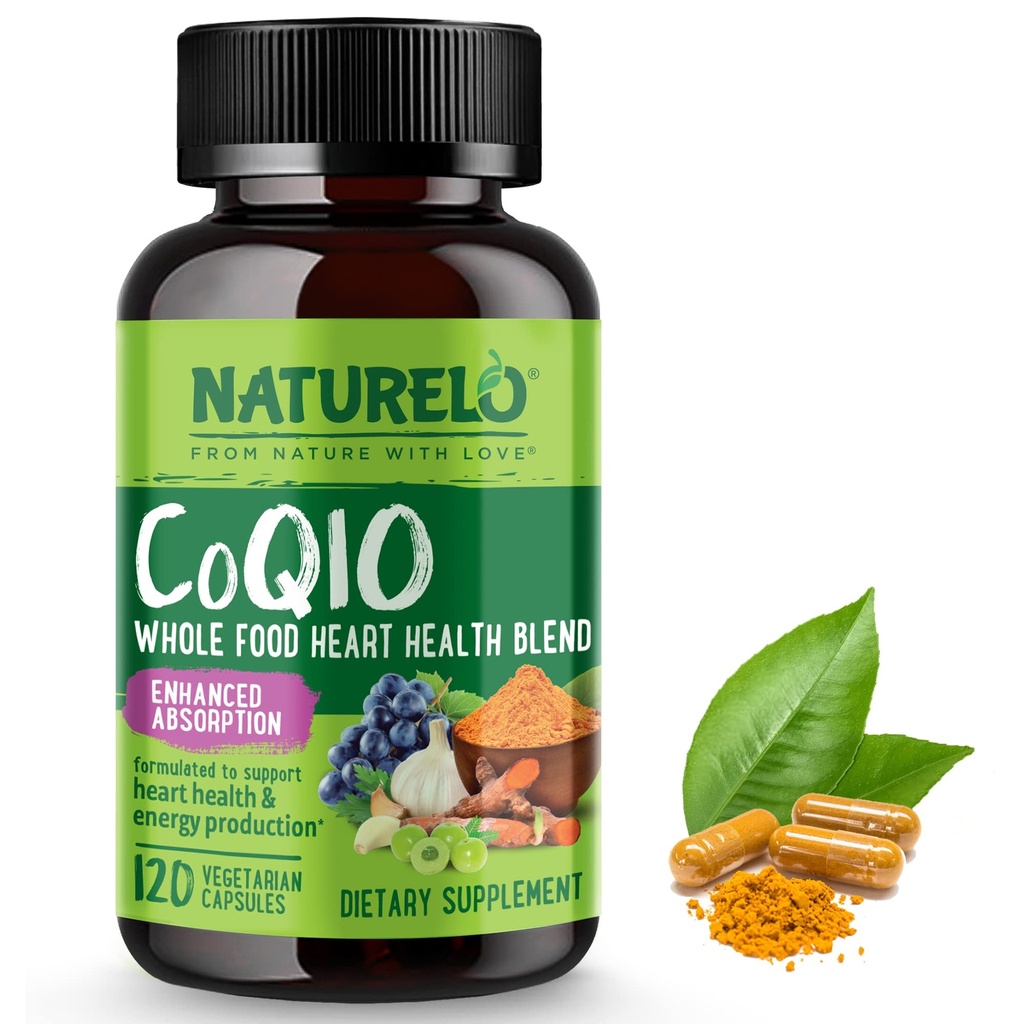 NATUURLO Whole Food CoQ10 Supplement, 120 Veg Capsules, Heart Health Blend, Krachtige Antioxidant, CoQ10 100mg Ondersteunt energieproductie