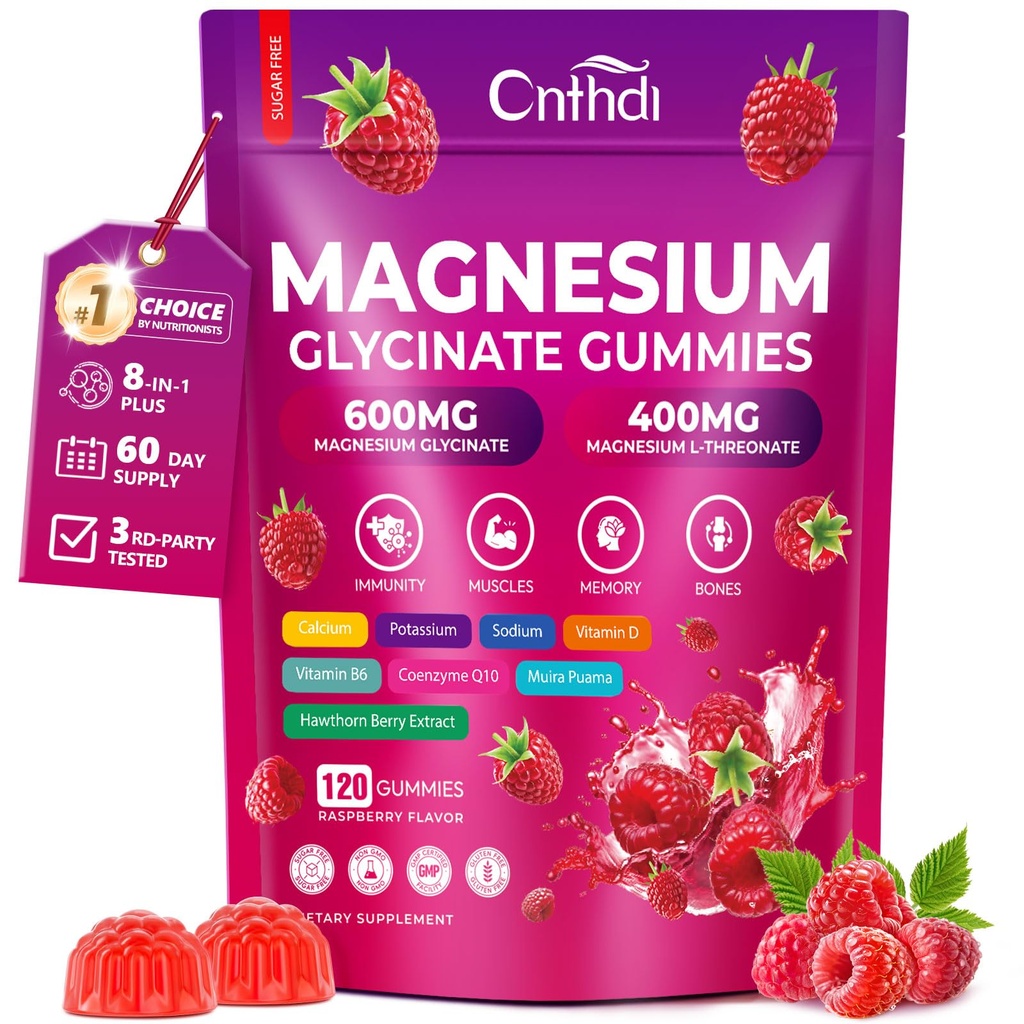Magnesium Glycinate Gummies 600mg, 120 Counts Chews Sugar Free Magnesium Gummies for Adults & Kids with L-Threonate, Calcium, Zinc & CQ10, Potassium Supplements for Zzz, Brain, Muscle & Relax