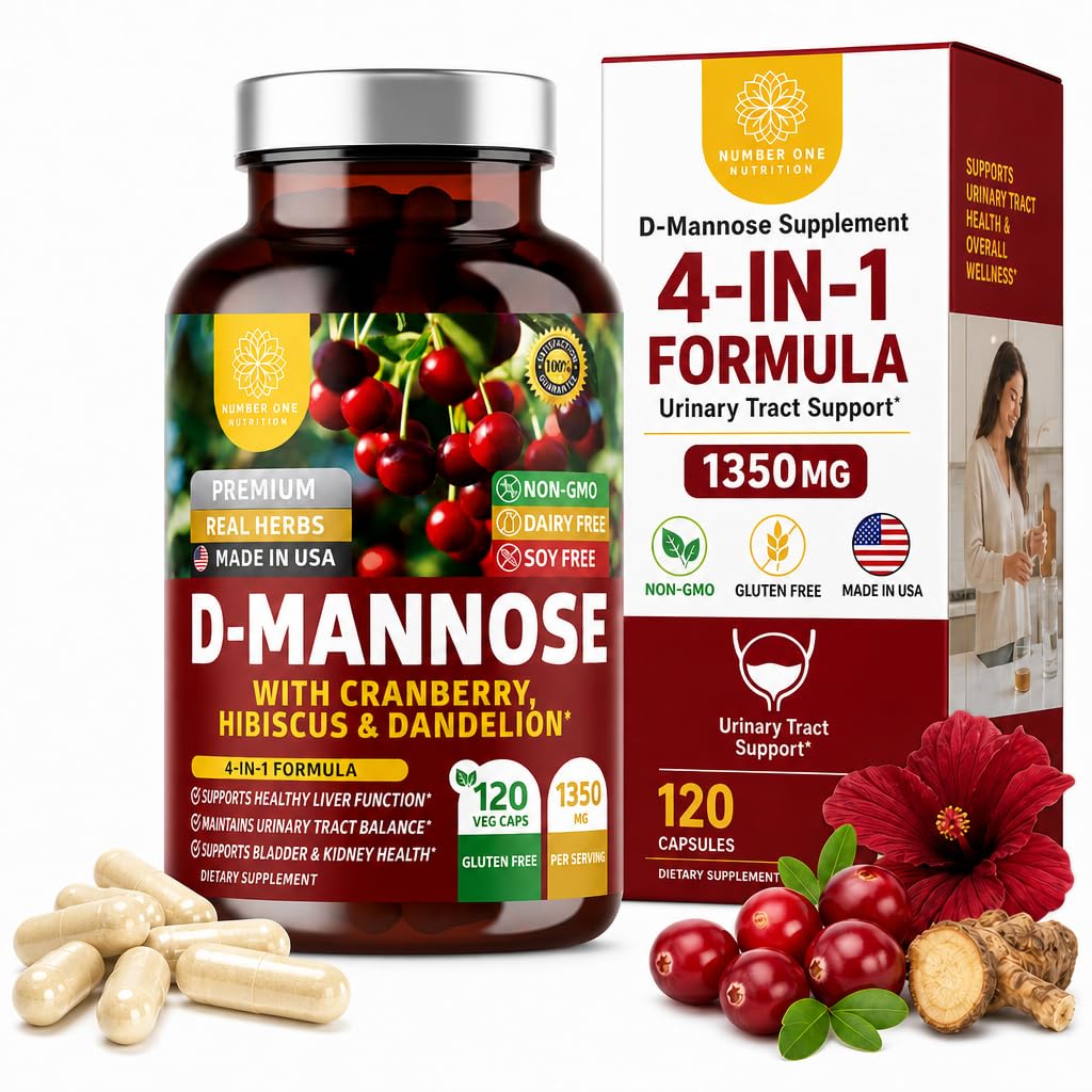 Number One Nutrition Premium D Mannose Supplement for Women and Men [Max Strength, 1350MG] Natuurlijke D-Mannose met Cranberry, Hibiscus en Dandelion voor Urinaire Tract Health, 120 Tel.