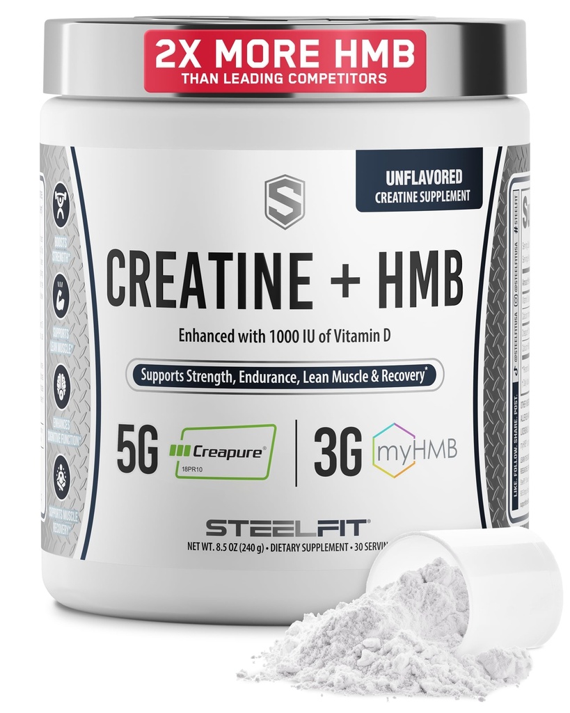 SteelFit Creatine HMB Poudre - 5g Creapur Creatine Poudre monohydratée, 3g myHMB et 1000 UI Vitamine D - Supplément d'entraînement soutient la croissance musculaire, la force, la récupération et l'énergie - Non aromatisé, 30 portions