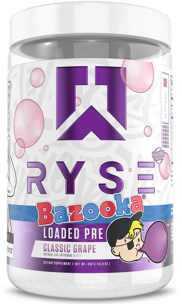 RYSE Charged Pre Workout Poudre - Bazooka Grape - Pré-entraînement quotidien pour les hommes et les femmes avec 390mg de caféine, Beta Alanine et Citrulline pour pompe, focus et énergie - 30 portions
