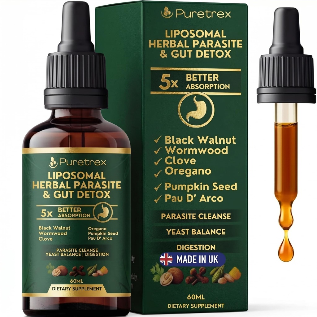 Herbal Gut Detox & Cleanse Drops 2 fl oz, Liposomal Dewormer for Humans with Wormwood, Black Walnut, Clove, Pumpkin Seed, PAU D'Arco, Candida & Yeast Balance Formula, 5X Better Absorbtion