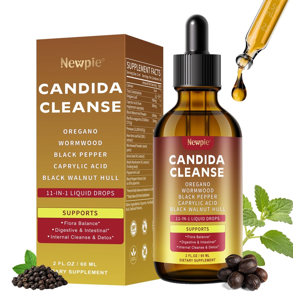 Candida Cleanse & Parasite Cleanse Detox | Black Pepper-Boosted Triple-Targeting Formula with Caprylic Acid, Oregano, Black Walnut | Gut Health, Immune Support (2 Fl Oz)