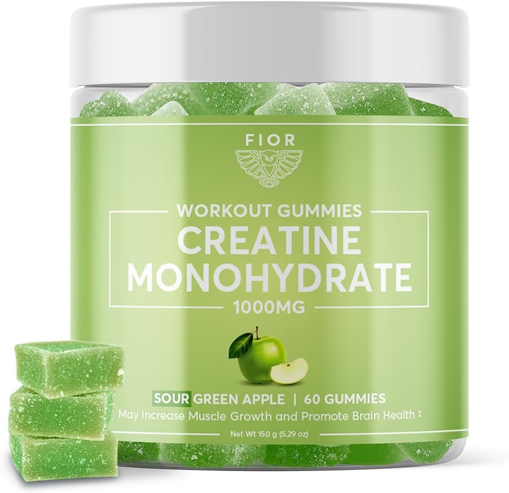 FIOR Creatine Gummy - Beste Creatine Monohydraat Kauwgom, 60 Tel, Training & Proteïne Supplement, Cognitive Enhancement, Sour Green Apple Flavor, 30 Servers