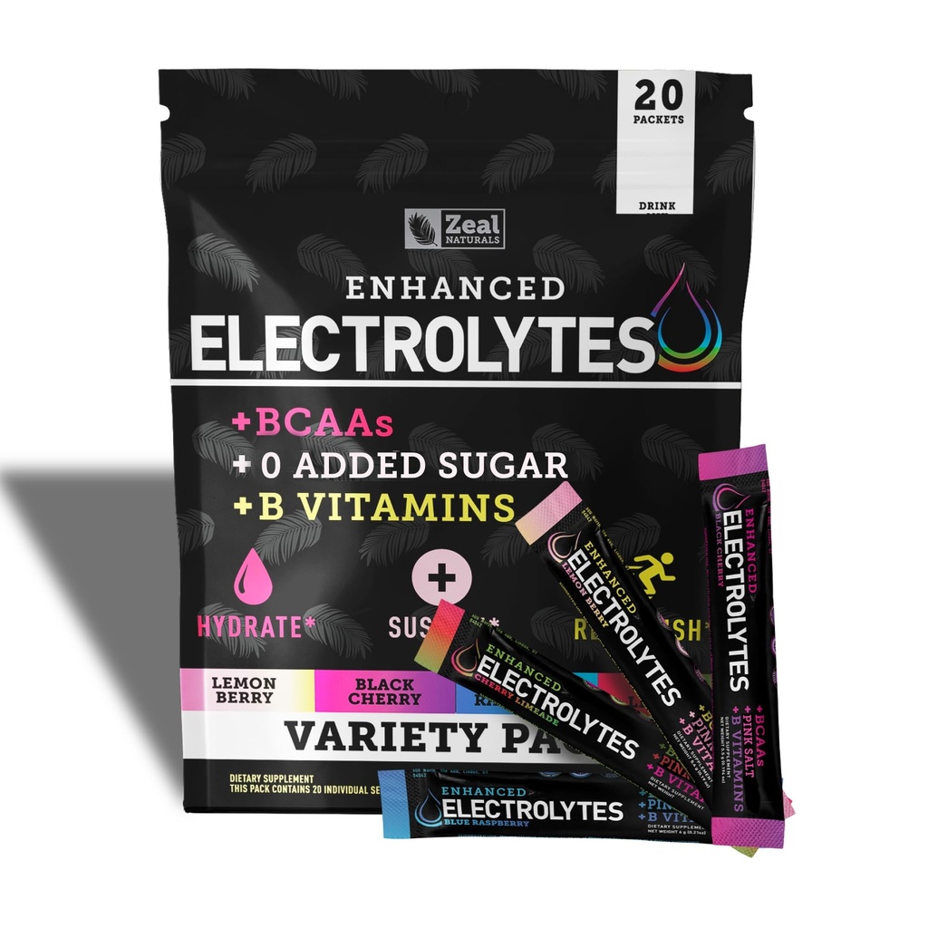 Zeal Naturals Enhanced Electrolyte Powder Stick Packs (Variety Pack - 20 Packets) Sans sucre + BCAA B-Vitamines & Pink Himalayan Sal - Keto Electrolytes, poudre d'hydratation