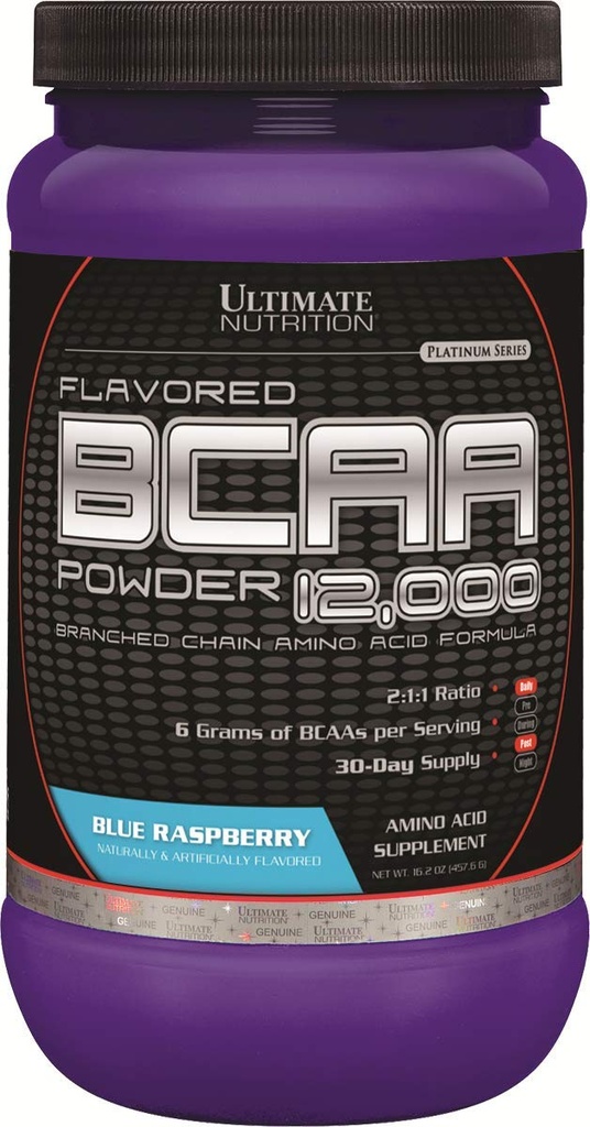 Ultimate Nutrition Flavored BCAA Powder 12000 Branched Chain Post Workout Aminozuur Supplement-Caffeine-Free met 3g Leucine 1.5g Valine 1.5g Isoleucine- Blue Raspberry, 60 Servers