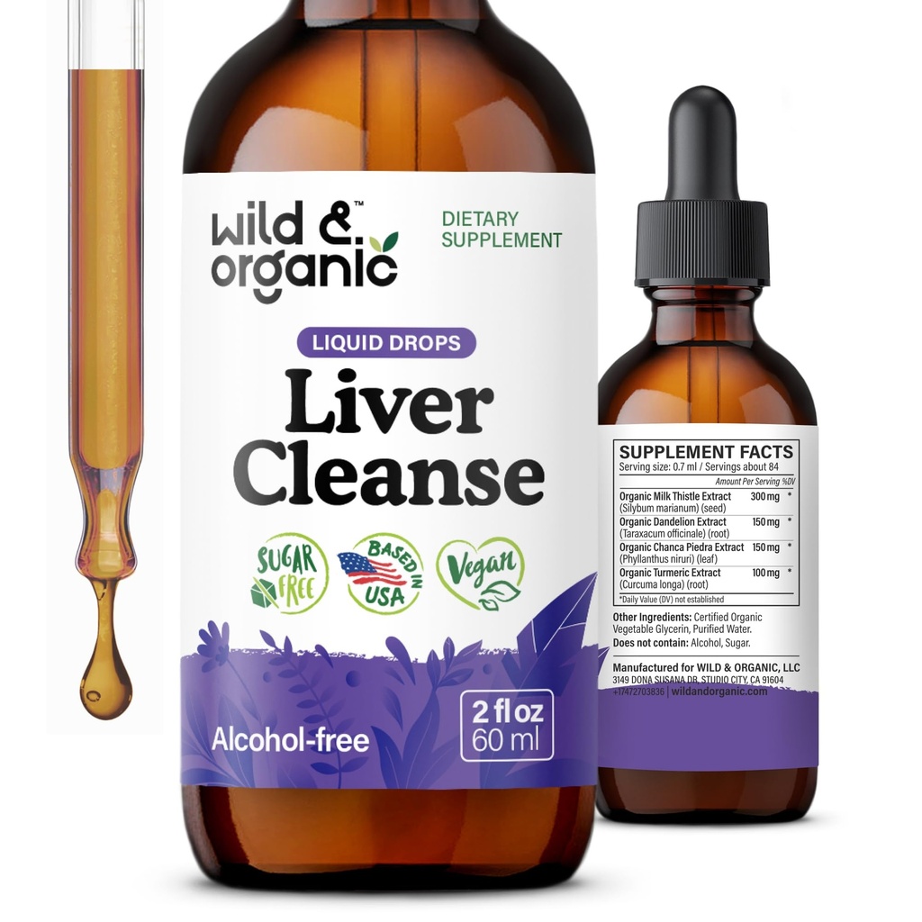 Wild & Organic Lever Reiniging Tinctuur - Lever Detox Formule met melkdistel, Dandelion Root, Chanca Piedra Stone Breaker Extract - Kruidensupplement - Veganistisch, Suiker & alcoholvrije Liquid Drops - 2 oz