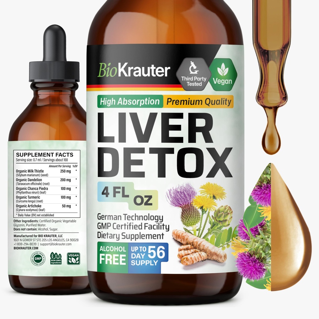 BIO KRAUTER® Nettoyer le foie Détox et réparer* - Soutien du foie liquide végétalien avec le chardon de lait, la canne à sucre, le curcuma, la racine de dandelion et l'artichaut 700 mg - 4 Fl.Oz 56-Jours d'approvisionnement - Sans alcool et sans sucre
