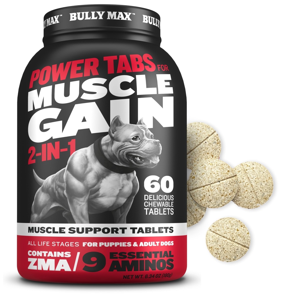 Bully Max 2-en-1 Muscle Builder Comprimés à croquer pour chiots et chiens adultes - Vitamines pour chiots et chiens et suppléments pour le gain et la croissance musculaire - Multivitamines ultimes pour tous les races et les âges - 60 onglets