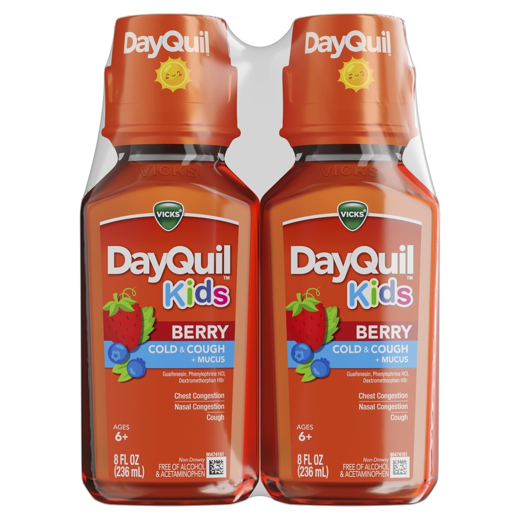 Vicks Day KidsQuil Berry Cold & Cough Medicine Co-Pack, Soulagement diurne des symptômes multiples, Saveur de baies de grande dégustation, sans alcool et acétaminophène, pour les 6+ ans, 2x8oz