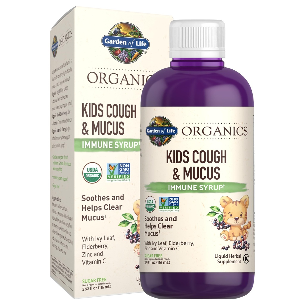 Garden of Life Organics Elderberry & Zinc for Children's Immune Support, Kids Cough & Mucus Immune Sirop avec Ivy Leaf, Vitamine C et Echinacea pour enfants, sans alcool, sans sucre ajouté, 3,92 fl oz