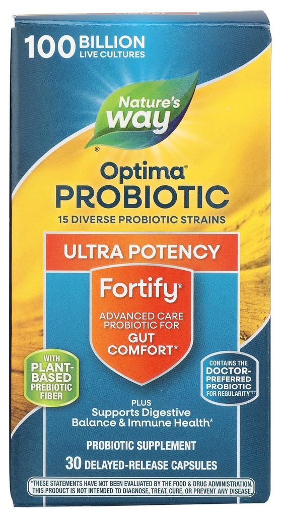 Nature's Way Natures Way Fortify Optima Daily Probiotic, 100 Billion, 15 Strains, Prebiotic, 30 Capsules, 30 Count
