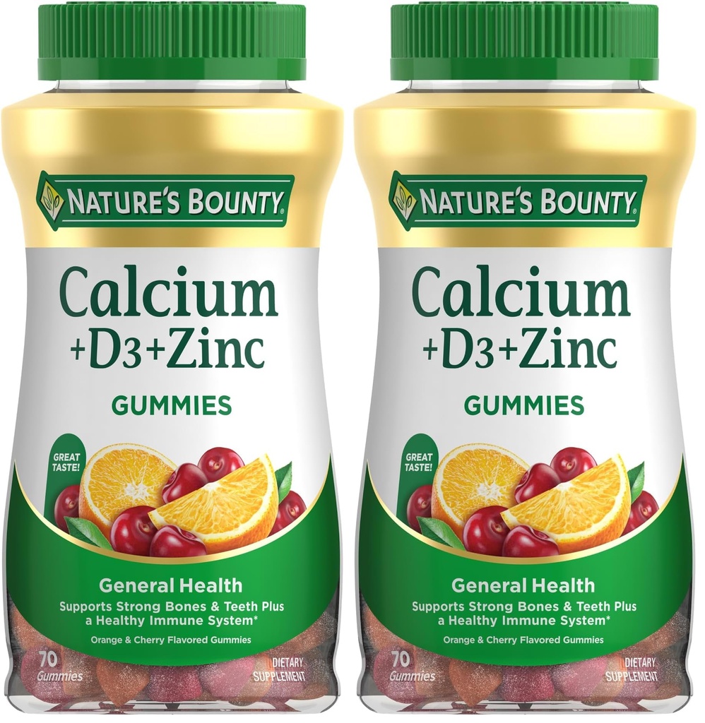 Calcium Bounty de la nature + D3 + Gommies de zinc, soutient les os forts et les dents plus un système immunitaire sain, 500mg, orange et aromatisé cerise, 70 Gommies (paquet de 2)