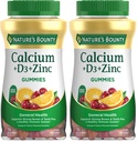 Nature's Bounty Calcium + D3 + Zink Gummies, ondersteunt sterke botten & tanden Plus een gezond immuunsysteem, 500 mg, sinaasappel en kersen smaak, 70 Gummies (pakket van 2)