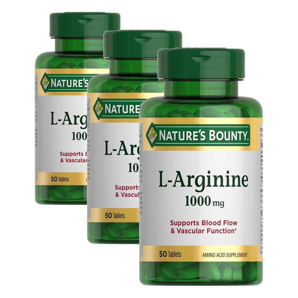 Bounty L-Arginine de la nature 1000mg pour soutenir le flux sanguin et la fonction vasculaire – Non-OGM, sans gluten, 50 comprimés (paquet de 3)
