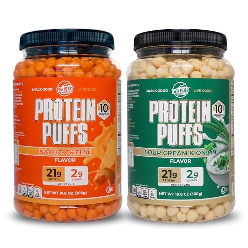Twin Peaks Low Carb, Keto Friendly Protein Puffs Combo Pack, 1 Jug Sour Cream Smaak Puffs + 1 Jug Nacho Cheese Smaak Puffs