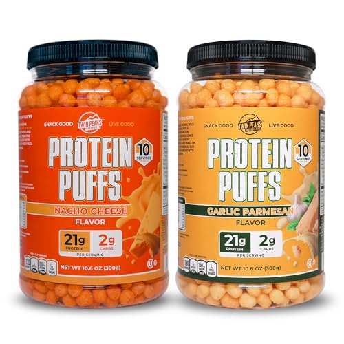 Twin Peaks Low Carb, Keto Friendly Protein Puffs, 1 Jug Knoflook Parmezaanse smaak Puffs + 1 Jug Nacho Kaas smaak Puffs