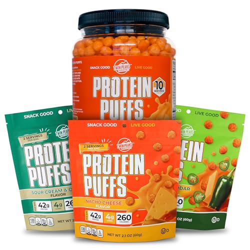 Twin Peaks Low Carb, Keto Friendly Protein Puffs, 3 Tassen van Assorted Flavor Puffs + 1 Jug Nacho Kaas smaak Puffs
