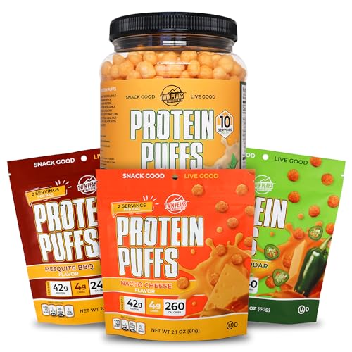 Twin Peaks Low Carb, Keto Friendly Protein Puffs, Knoflook Parmesan (300g, 21g Protein, 2g Carbs) + Twin Peaks Ingredients Low Carb, Keto Friendly Protein Puffs, (Variety Pack, 2.1 Ounce), 2 Servings,