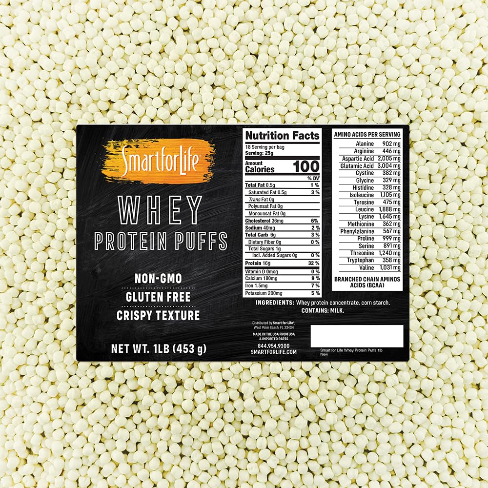Smart for Life Puffs de protéines de lactosérum de 16g par portion, sucre zéro, kéto, non-OGM, sans gluten, faible teneur en glucides, croustillant Whey Snack – 1 livre, 18 portions