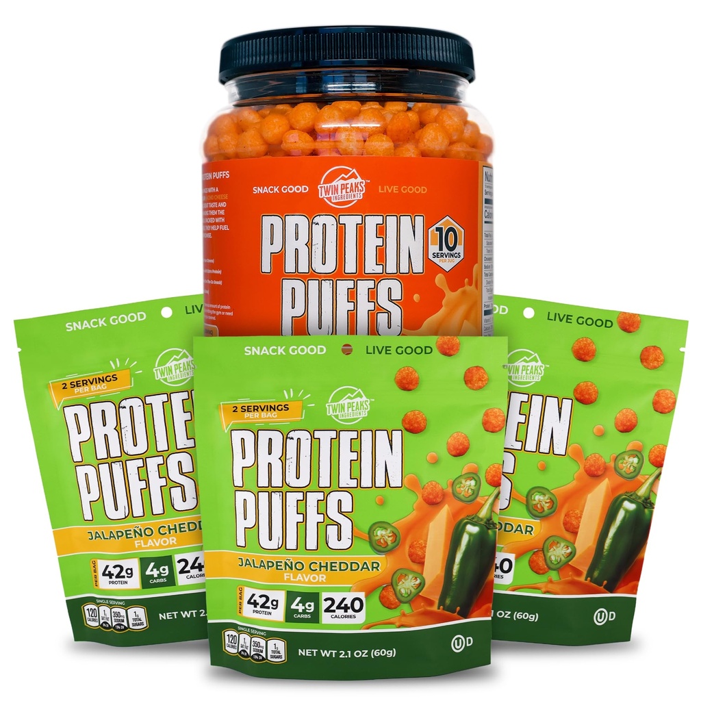 Twin Peaks Low Carb, Keto Friendly Protein Puffs, 3 Tassen van Jalapeno Cheddar Flavor Puffs + 1 Jug Nacho Kaas smaak Puffs