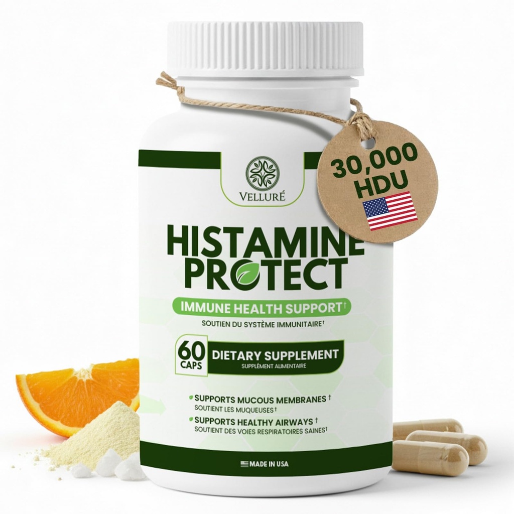 Supplément enzymatique DAO Bloqueur d'histamine, 30 000 HDU Diamine Oxidase pour l'intolérance à l'histamine et aliments fermentés, Gut & Soutien digestif avec Quercetin, Magnésium et Vitamine C, 60 Capsules