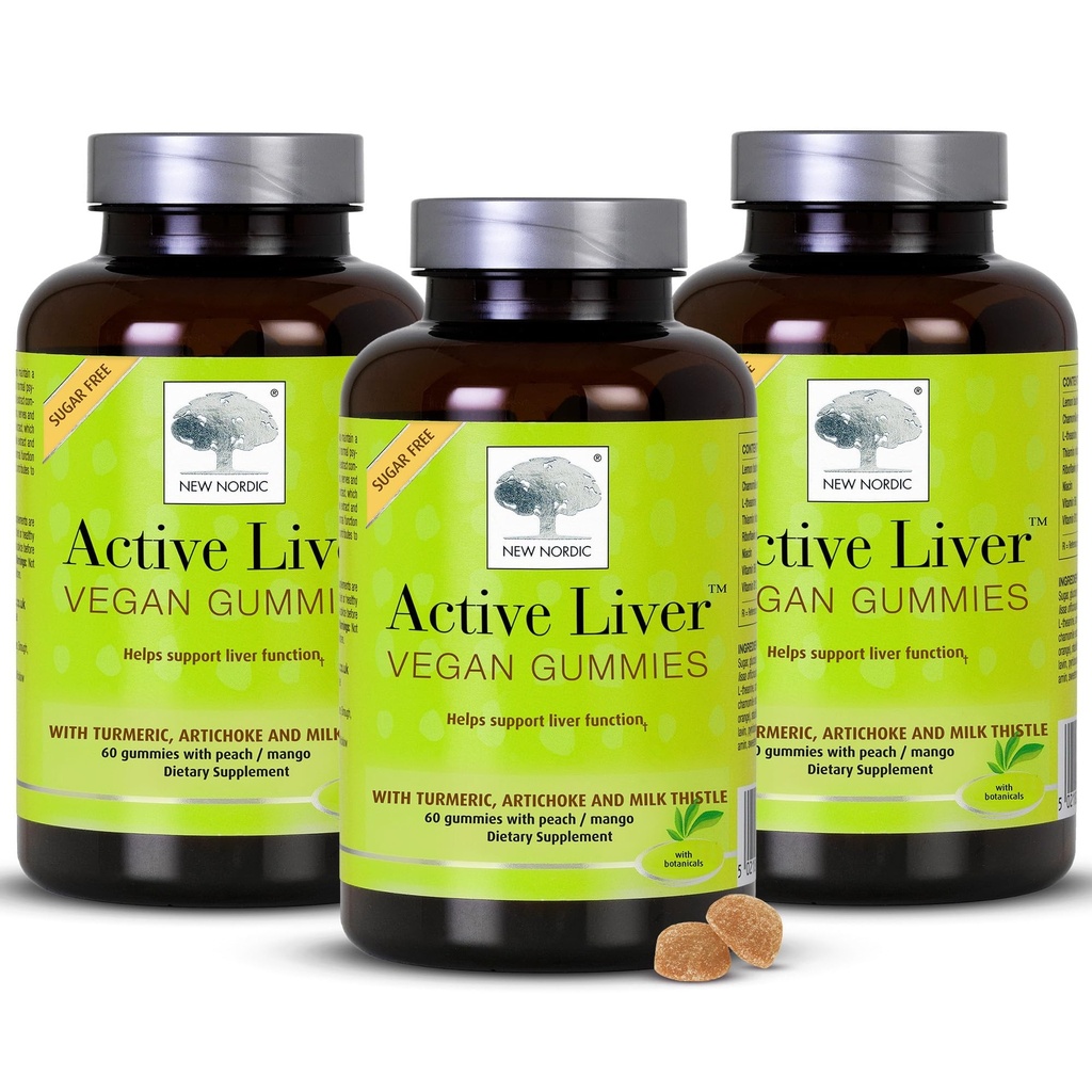 Nieuwe Noordse actieve lever Gummies, Milk Thistle, Artichoke & Turmeric Supplement, Natural Peach & Mango smaak, Sugar Free & Vegan, 60 Tel (pakket van 3)
