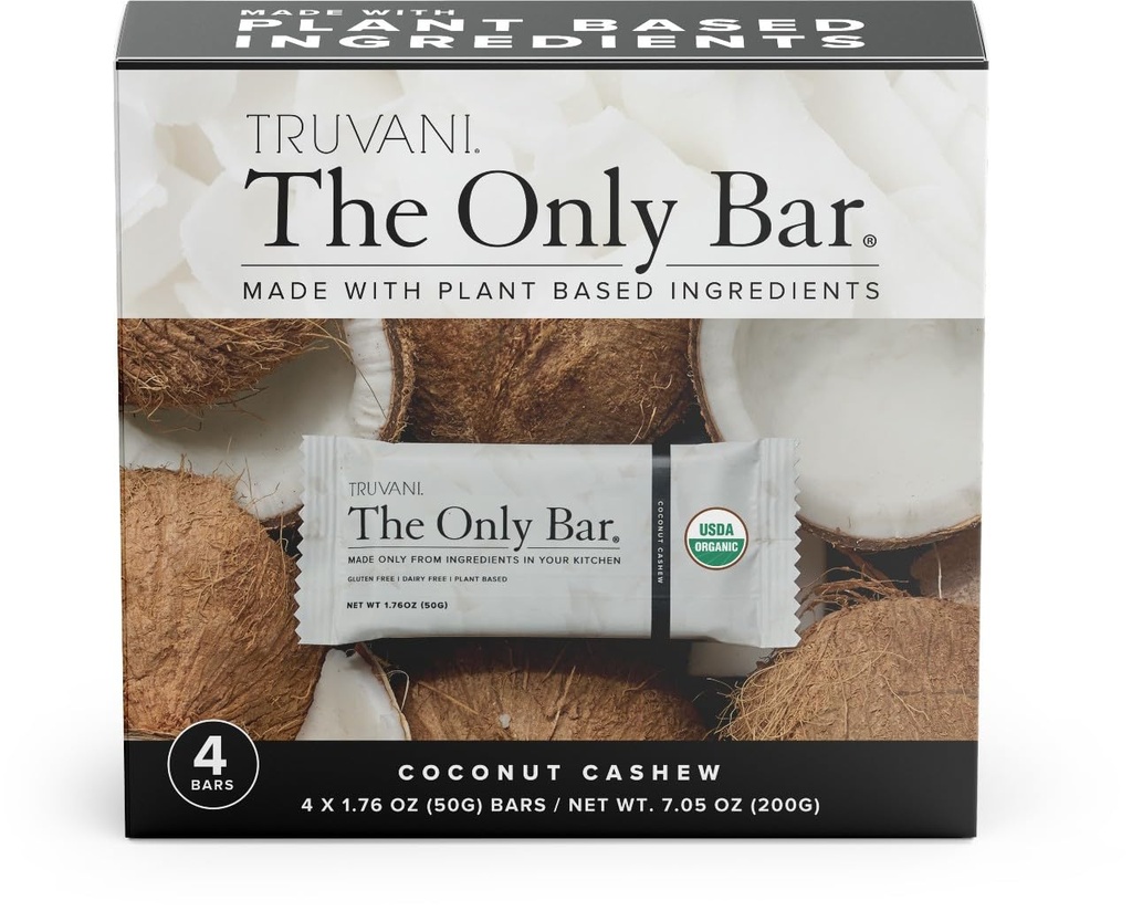 Truvani Plant Based Snack Bars (en anglais seulement) Coconut Casew 4 Pack (en anglais seulement) 5g Protein (en anglais seulement) USDA Organic and Vegan (en anglais seulement) The Only Bar (en anglais seulement)