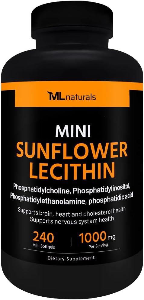 ML Naturals Mini Zonnebloem Lecithin 240 Softgels. Fosfatidylcholine, Fosfatidylinositol, Fosfatidylthanolamine, Fosfatidinezuur, NSF-gecertificeerd en cGMP-compliant