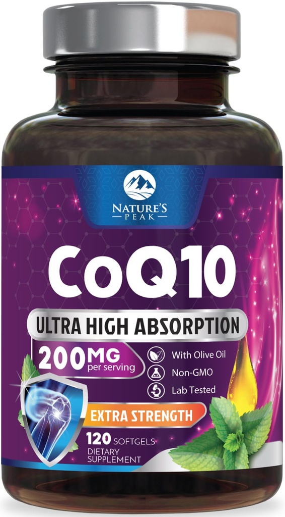 CoQ10 Softgels - Ultra High Absorptie Cozyme Q10 200mg Per Serving - Co Q 10 Softgel Supplement met zwarte peper, energie en hart ondersteuning Antioxidant - voor vrouwen en mannen, gebotteld USA - 120 Softgels