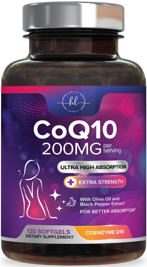 Co-enzym Q10 200mg per Serving Supplement - Ultra High Absorptie, Antioxidant voor Hart Gezondheid en Energie Productie Ondersteuning - CoQ10 (Ubichinon) Co Q 10 Supplement & Vitaminen 100mg Elke - 120 Softgels
