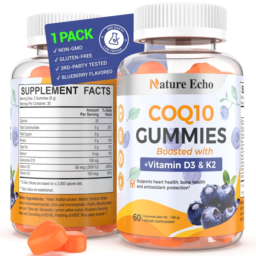 Nature Echo® CoQ10 Gummies 100mg, CoQ10 Supplement met vitamine D3 & K2, Coenzyme Q10 Supplement Blueberry Flavor, Sugar Free, Heart Health, Bone Support & Antioxidant, Vegan, Non-GMO 60 Gummies