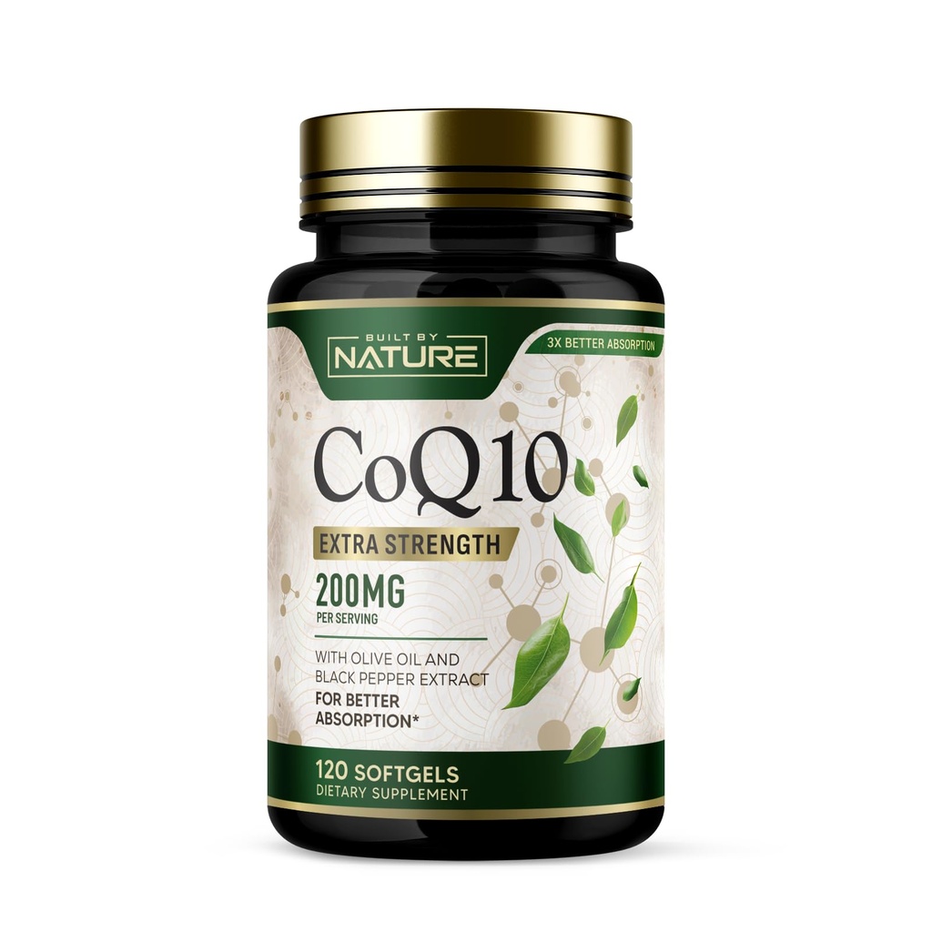 Gebouwd door Nature CoQ10 200 mg Co-enzyme Q10 met olijfolie en zwarte peper voor hoge absorptie Ondersteunt Hart Gezondheid &amp; Energie Anti-oxidant Supplement