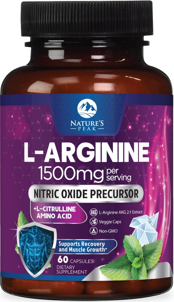 L-Arginine Complex - Extra sterkte Nitric oxide Booster Supplement - Premium Energy Blend for Natural Heart Health & Muscle Support - Non-GMO, Made for Men & Women, Bottled USA - 60 Capsules