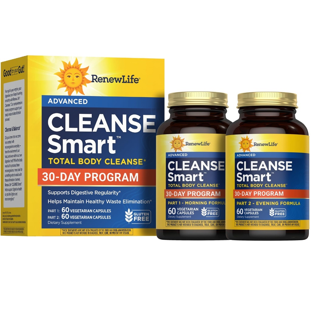 Renew Life Cleanse Smart Advanced Total Body Program, 2-Part Detox Cleanse bevordert spijsverteringsregulariteit en ondersteunt afvaleliminatie, kruidenmix met Magnesium, soja en glutenvrij, 120 Tel.