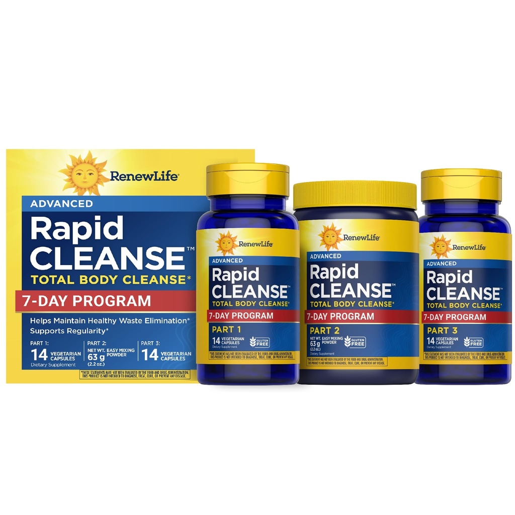 Renew Life Adult Cleanse - 7-Day Rapid Total Body Cleanse for Men & Women - 3-Part, 7-Day Program - Gluten, zuivel en sojavrij - 28 Vegetarische Capsules + 2,2 Ounce Powder Formula (Verpakking mei Vary)