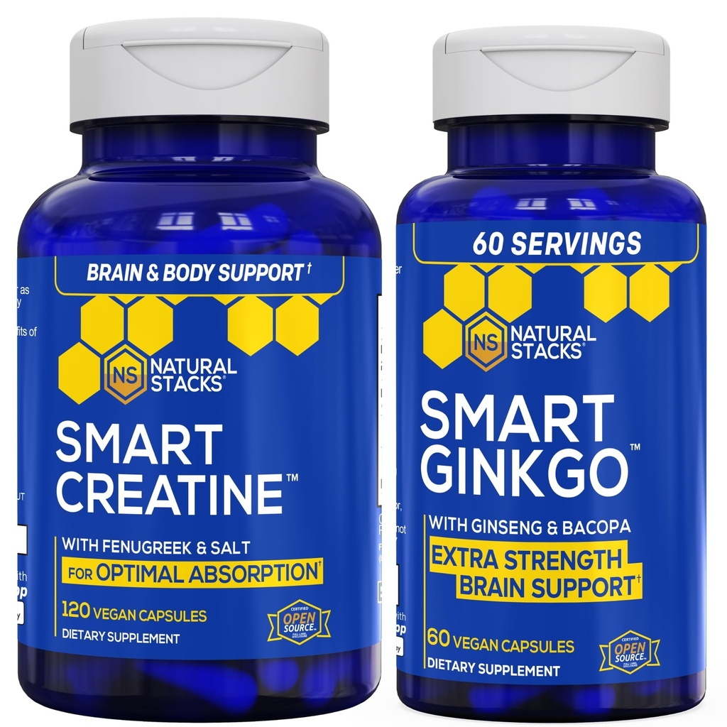 NATUURLIJKE STAKKEN Ginkgo Biloba + Creatine Monohydraatbundel - Geavanceerde absorptieformule* - Extra sterkte Hersenondersteuning* - 180 Totaal Capsules