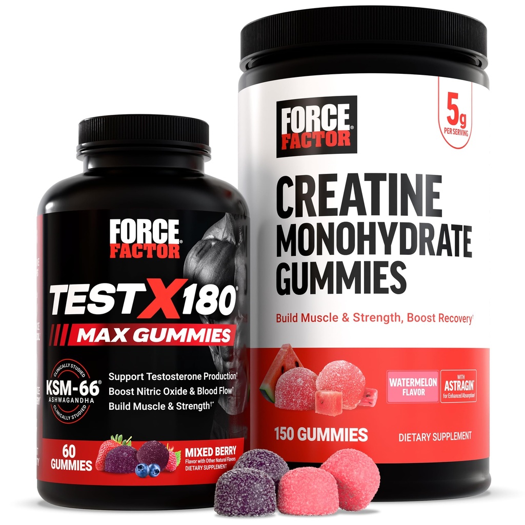 Krachtfactorprestatiebundel: test X180 Max T-Booster (60 gemengde Berry Gummies) & Creatine Monohydraat 5g (150 watermeloen Gummies)