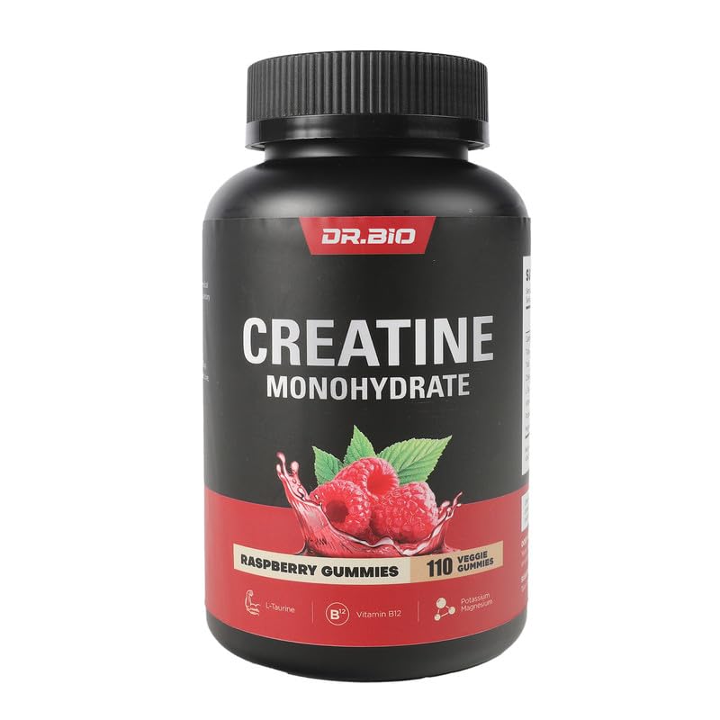 DR.BIO Creatine Monohydrate Gommies pour l'énergie et le soutien musculaire, Creatine complexe pré-entraînement pour les femmes et les hommes avec 5000mg Creatine, L-Taurine, B12, Mg et K, Vegan, Red Raspberry, 110 comte