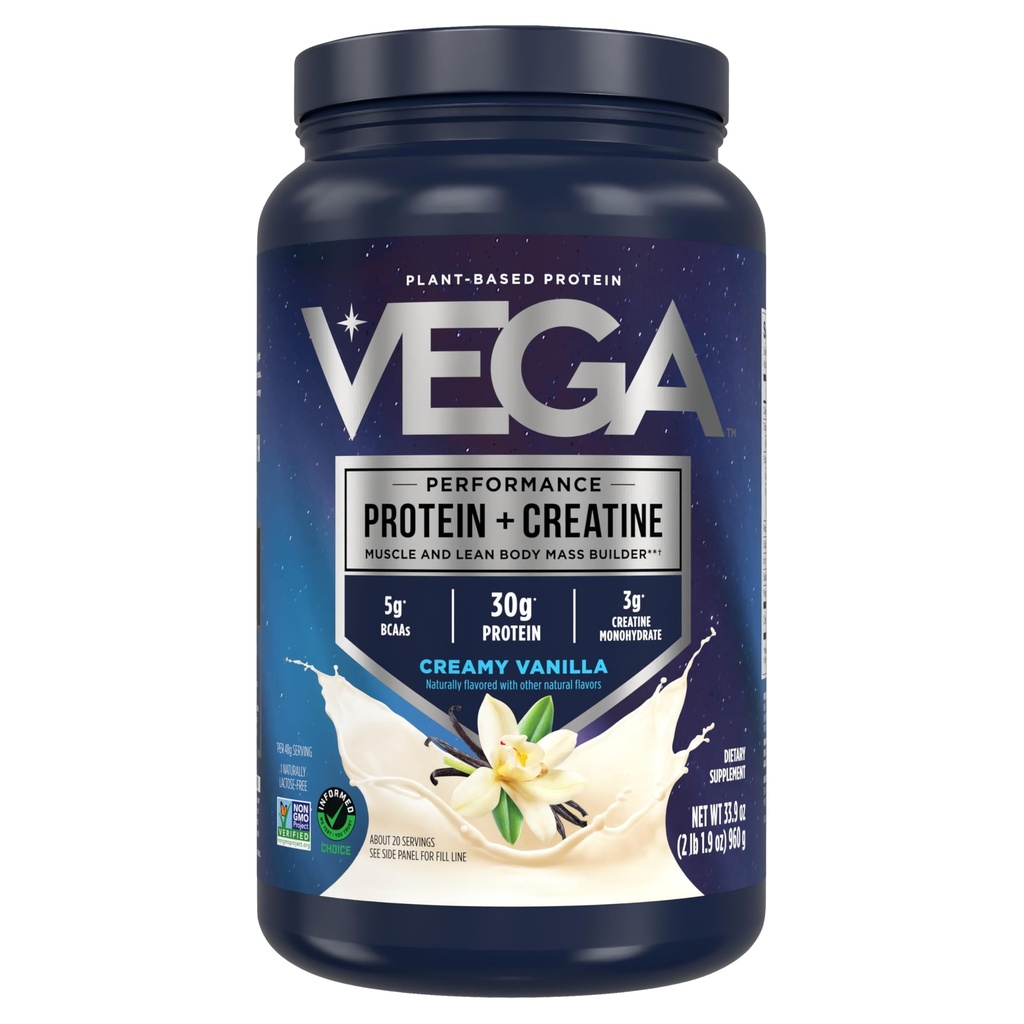 Vega Proteïne + Creatine - 30g Plant-Based Proteïne, Vanille, 20 Servers, 3g Creatine, 5g BCAA's, Vegan, Keto, Glutenvrij, Zuivelvrij, Lage Carb, voor Spiergroei & Reparatie, Drink Mix, 33.9oz