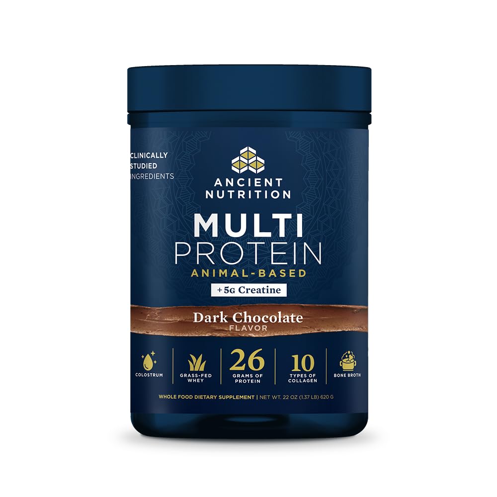 Alimentation ancienne Poudre à base d'animaux multiprotéines + créatine, 26g Protéines, Lactosérum, Brosse osseuse, Peptides de collagène, 5g Monohydrate de créatine, Colostrum et probiotiques, Chocolat noir, 15 portions