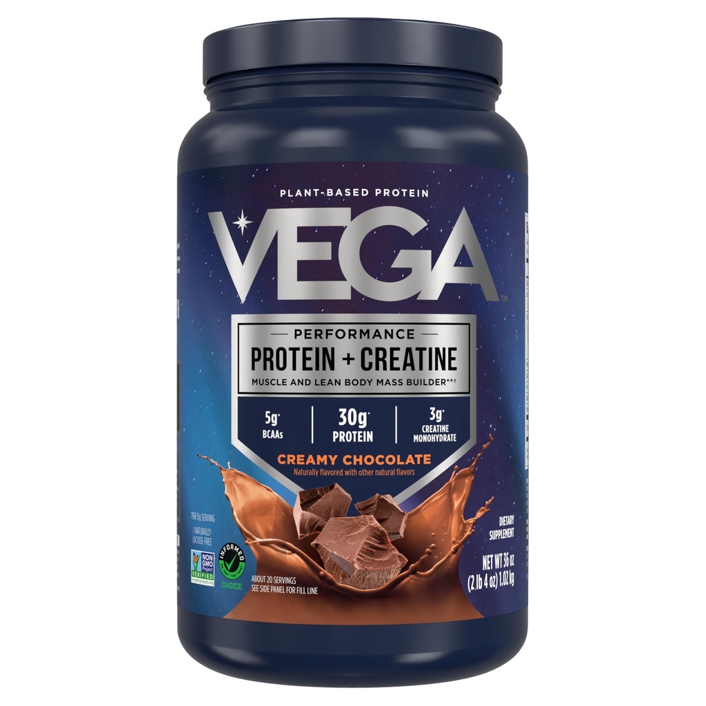 Vega Proteïne + Creatine - 30g Plant-Based Proteïne, Chocolade, 20 Servers, 3g Creatine, 5g BCAA's, Vegan, Keto, Glutenvrij, Zuivelvrij, Lage Carb, voor Spiergroei & Reparatie, Drink Mix, 36oz
