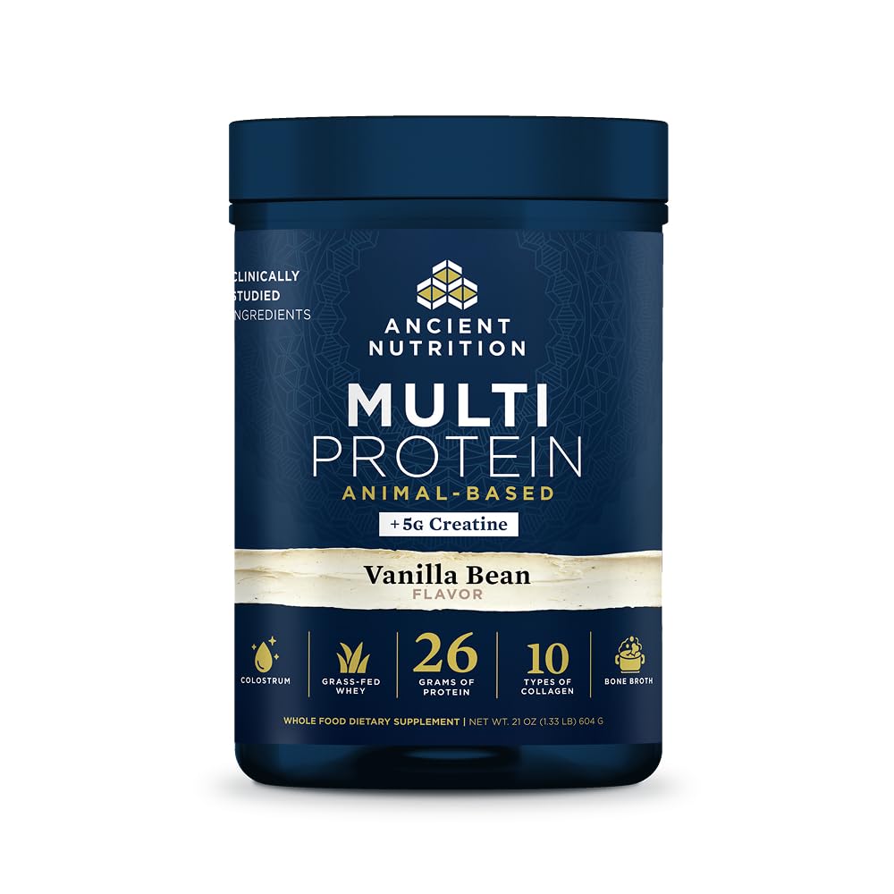 Nutrition ancienne Poudre à base d'animaux multiprotéines + créatine, 26g Protéines, Lactosérum, Brosse osseuse, Peptides de collagène, 5g Monohydrate de créatine, Colostrum et probiotiques, Haricot de vanille, 15 portions