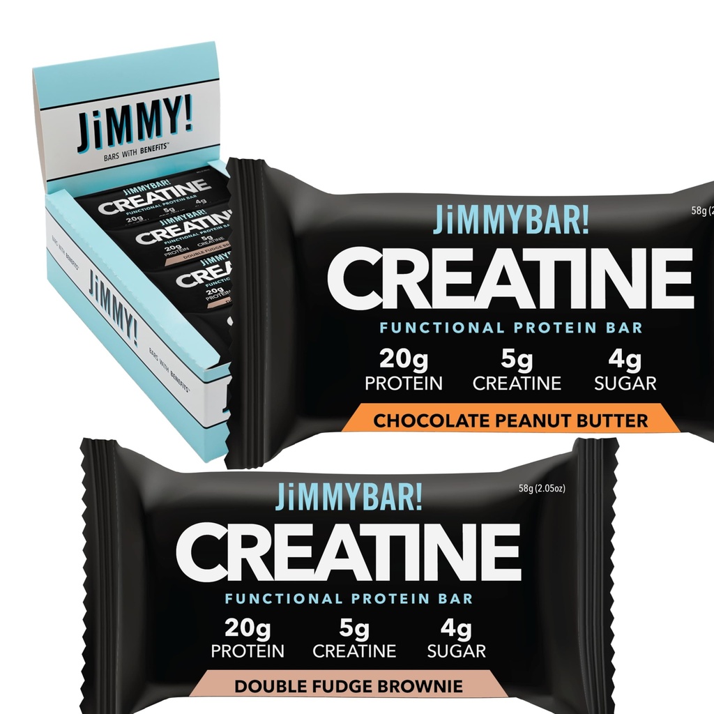 Jimmybar ! Barre de protéines de la créatine - 5g de monohydrate de créatine + 20g de protéines - Snack haute protéine - soutient la croissance musculaire, la force et la récupération - véritable barre d'énergie alimentaire pour les athlètes